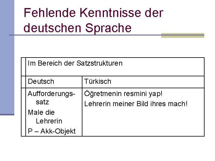 Fehlende Kenntnisse der deutschen Sprache Im Bereich der Satzstrukturen Deutsch Türkisch Aufforderungs satz Male Fehlende Kenntnisse der deutschen Sprache Im Bereich der Satzstrukturen Deutsch Türkisch Aufforderungs satz Male