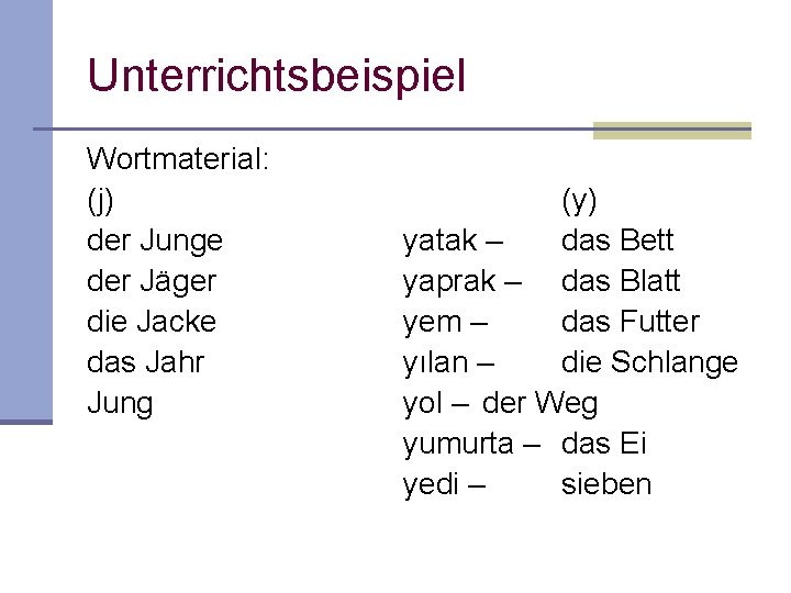 Unterrichtsbeispiel Wortmaterial: (j) der Junge der Jäger die Jacke das Jahr Jung (y) yatak Unterrichtsbeispiel Wortmaterial: (j) der Junge der Jäger die Jacke das Jahr Jung (y) yatak