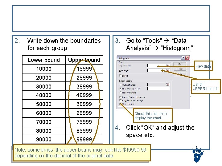 Steps to create a histogram (cont) 2. Write down the boundaries for each group