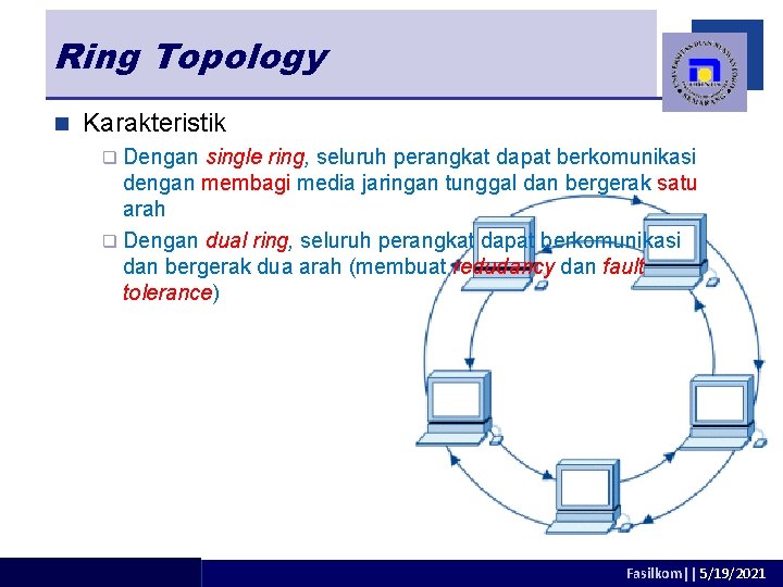 Ring Topology n Karakteristik q Dengan single ring, seluruh perangkat dapat berkomunikasi dengan membagi