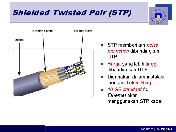 Shielded Twisted Pair (STP) STP memberikan noise protection dibandingkan UTP n Harga yang lebih