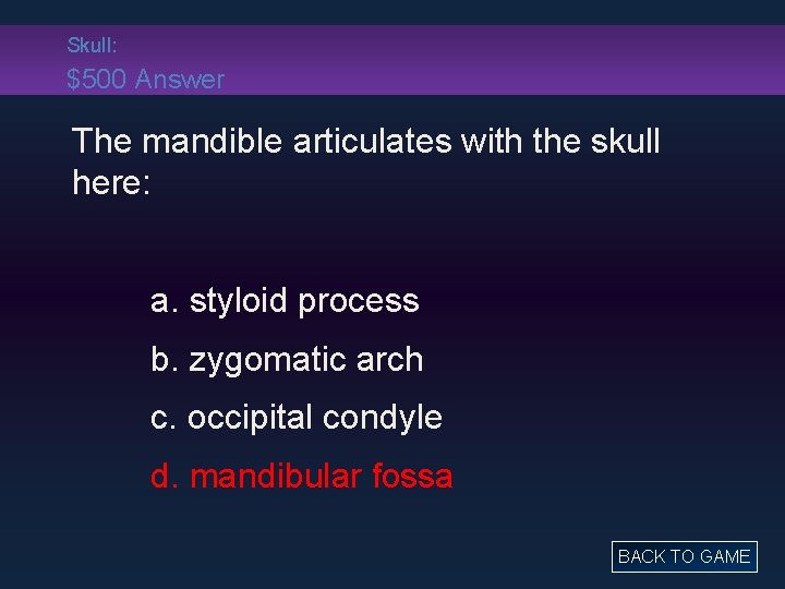 Skull: $500 Answer The mandible articulates with the skull here: a. styloid process b.