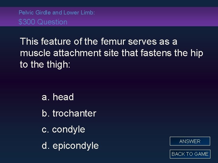 Pelvic Girdle and Lower Limb: $300 Question This feature of the femur serves as