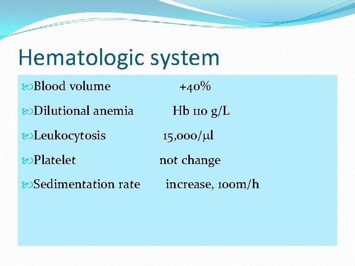 Hematologic system Blood volume Dilutional anemia Leukocytosis Platelet Sedimentation rate +40% Hb 110 g/L