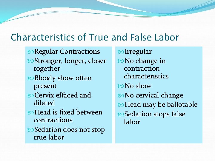 Characteristics of True and False Labor Regular Contractions Stronger, longer, closer together Bloody show