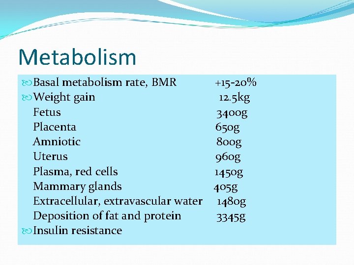 Metabolism Basal metabolism rate, BMR +15 -20% Weight gain 12. 5 kg Fetus 3400