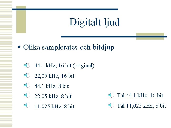 Digitalt ljud w Olika samplerates och bitdjup 44, 1 k. Hz, 16 bit (original)