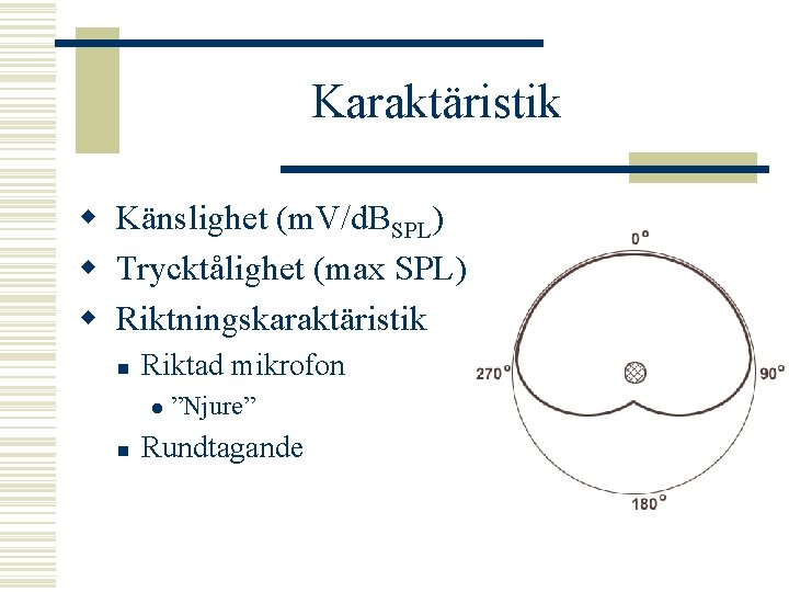 Karaktäristik w Känslighet (m. V/d. BSPL) w Trycktålighet (max SPL) w Riktningskaraktäristik n Riktad