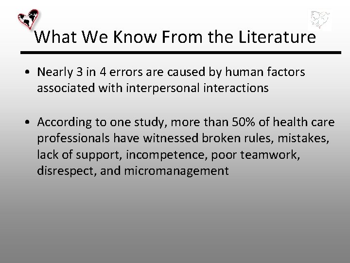 What We Know From the Literature • Nearly 3 in 4 errors are caused