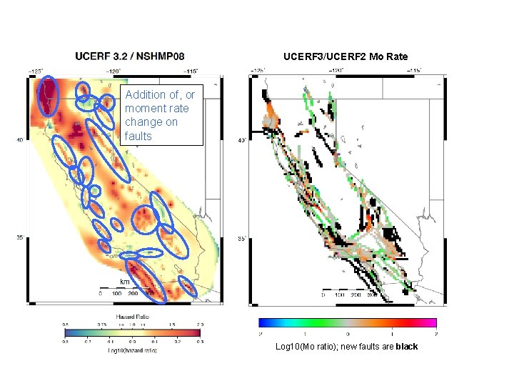 UCERF 3/UCERF 2 Mo Rate Addition of, or moment rate change on faults Log