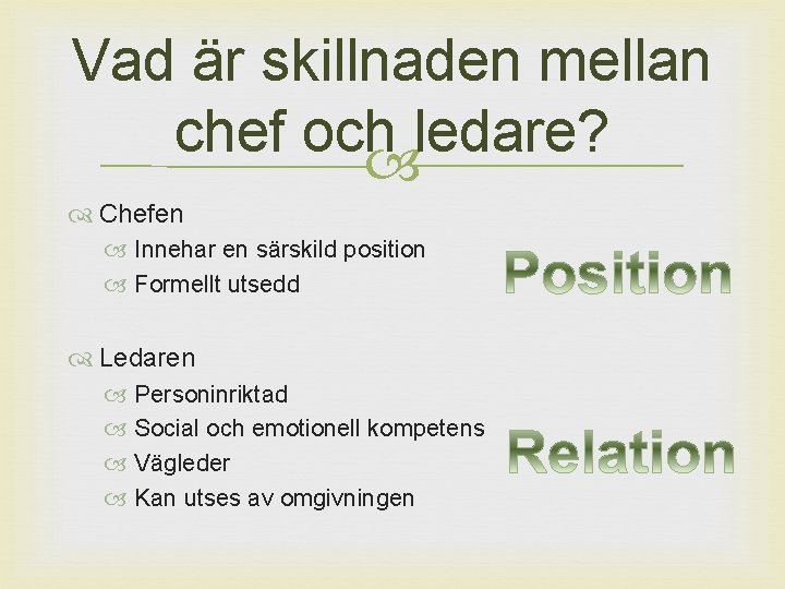 Vad är skillnaden mellan chef och ledare? Chefen Innehar en särskild position Formellt utsedd