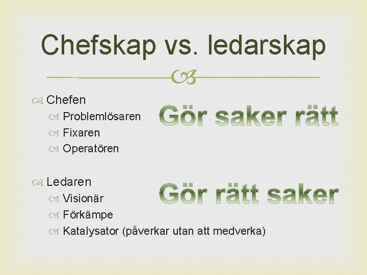 Chefskap vs. ledarskap Chefen Problemlösaren Fixaren Operatören Ledaren Visionär Förkämpe Katalysator (påverkar utan att