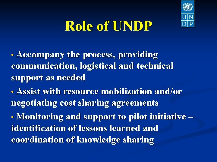 Role of UNDP Accompany the process, providing communication, logistical and technical support as needed