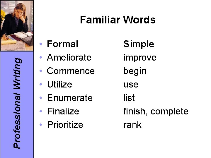 Professional Writing Familiar Words • • Formal Ameliorate Commence Utilize Enumerate Finalize Prioritize Simple