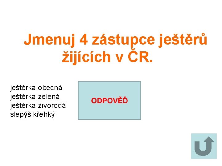 Jmenuj 4 zástupce ještěrů žijících v ČR. ještěrka obecná ještěrka zelená ještěrka živorodá slepýš