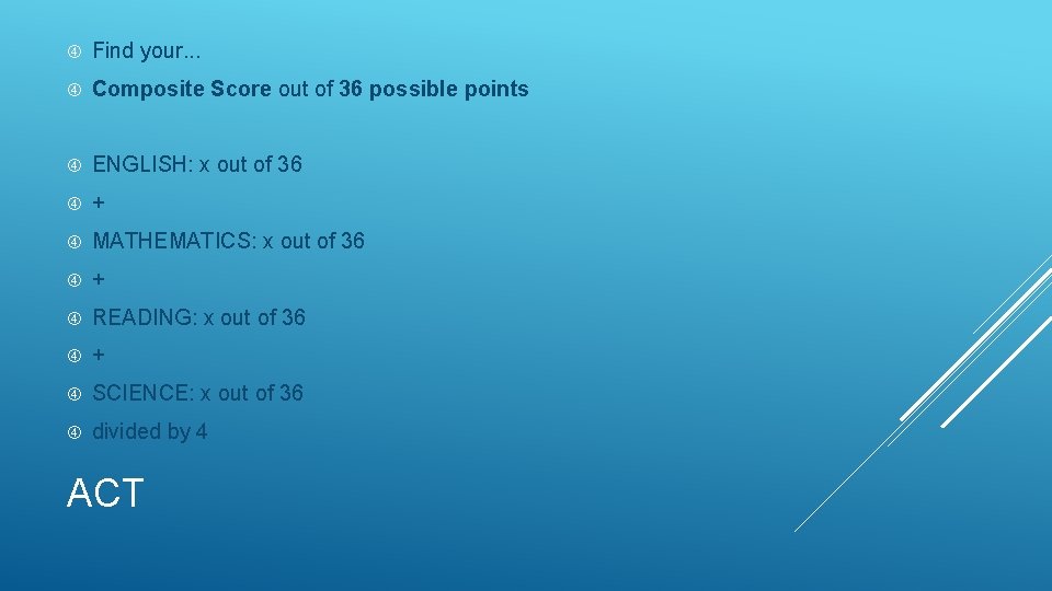  Find your. . . Composite Score out of 36 possible points ENGLISH: x