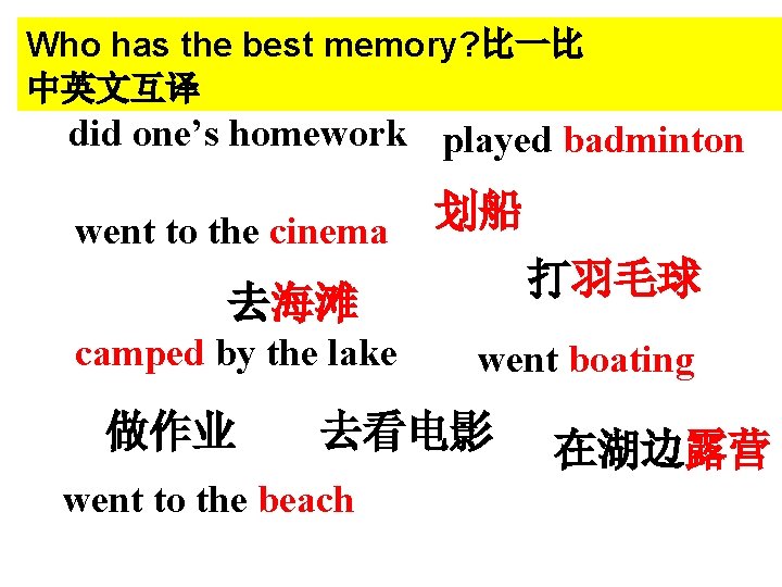 Who has the best memory? 比一比 中英文互译 did one’s homework played badminton went to