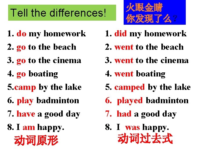 Tell the differences! 1. do my homework 2. go to the beach 3. go