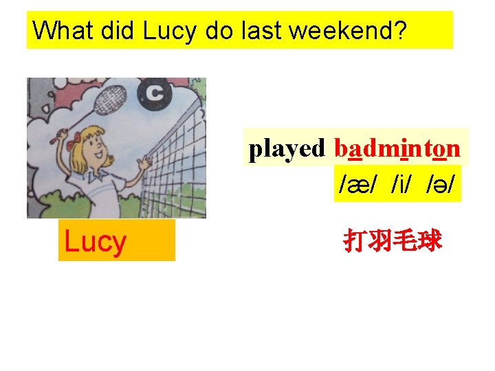 What did Lucy do last weekend? played badminton /æ/ /i/ /ə/ Lucy 打羽毛球 