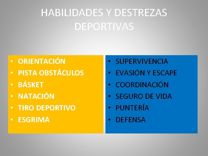 HABILIDADES Y DESTREZAS DEPORTIVAS • • • ORIENTACIÓN PISTA OBSTÁCULOS BÁSKET NATACIÓN TIRO DEPORTIVO