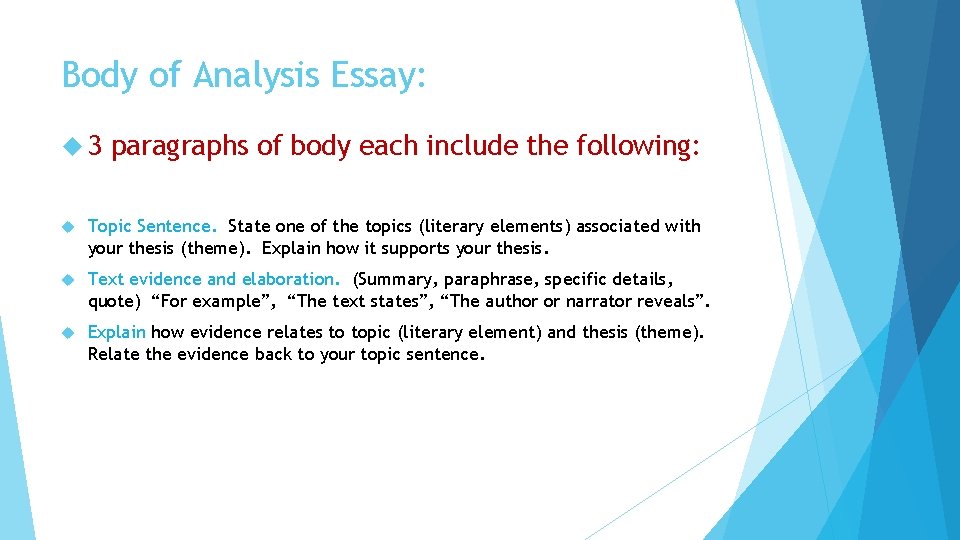 Body of Analysis Essay: 3 paragraphs of body each include the following: Topic Sentence.