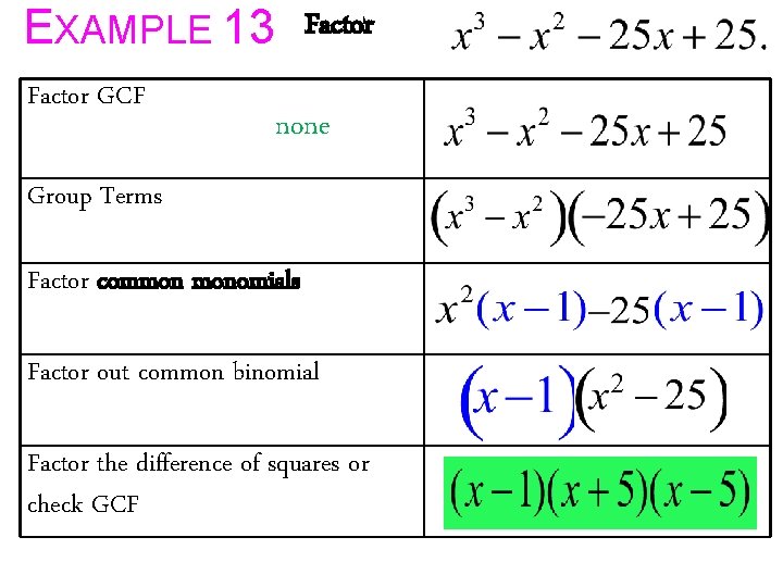 EXAMPLE 13 Factor GCF none Group Terms Factor common monomials Factor out common binomial