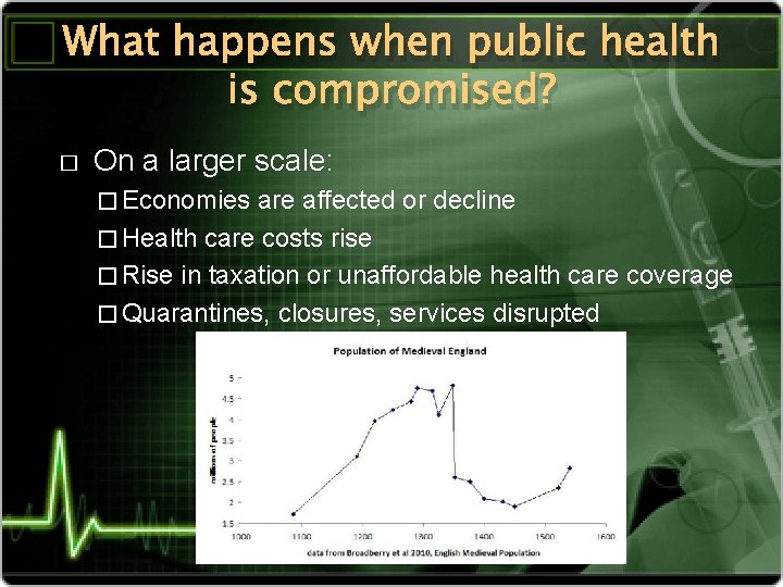 What happens when public health is compromised? � On a larger scale: � Economies