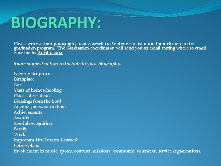 BIOGRAPHY: Please write a short paragraph about yourself (10 Sentences maximum) for inclusion in