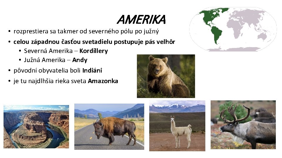 AMERIKA • rozprestiera sa takmer od severného pólu po južný • celou západnou časťou