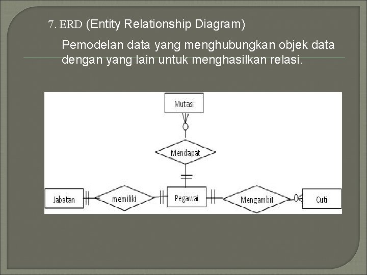 7. ERD (Entity Relationship Diagram) Pemodelan data yang menghubungkan objek data dengan yang lain