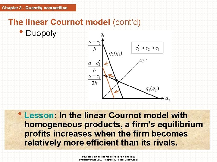 Chapter 3 - Quantity competition The linear Cournot model (cont’d) • Duopoly • Lesson: