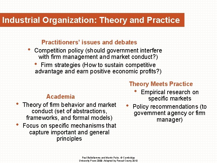 Industrial Organization: Theory and Practice • • • Practitioners’ issues and debates Competition policy