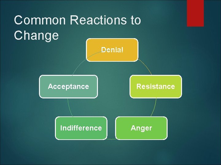 Common Reactions to Change Denial Acceptance Indifference Resistance Anger 