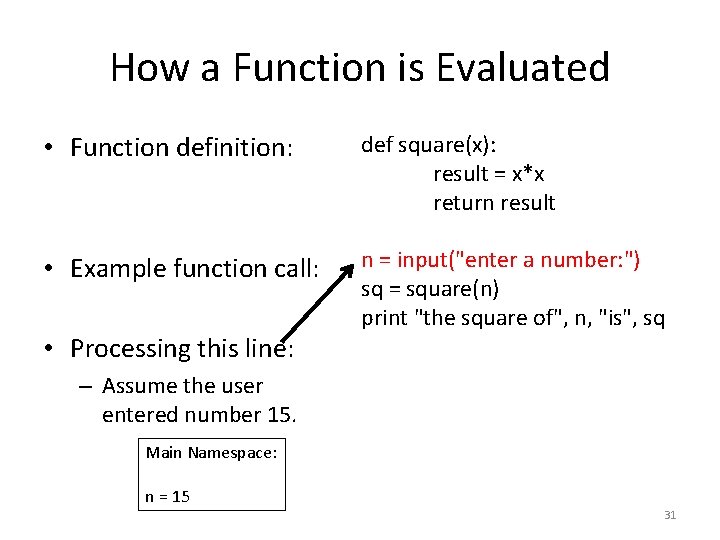 How a Function is Evaluated • Function definition: def square(x): result = x*x return