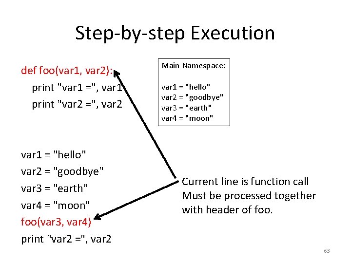 Step-by-step Execution def foo(var 1, var 2): print "var 1 =", var 1 print