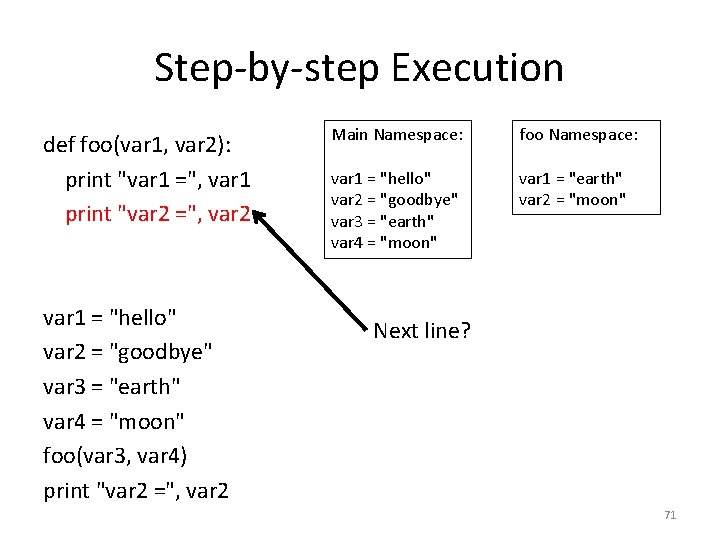 Step-by-step Execution def foo(var 1, var 2): print "var 1 =", var 1 print