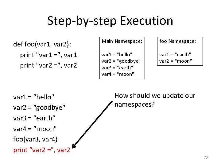 Step-by-step Execution def foo(var 1, var 2): print "var 1 =", var 1 print