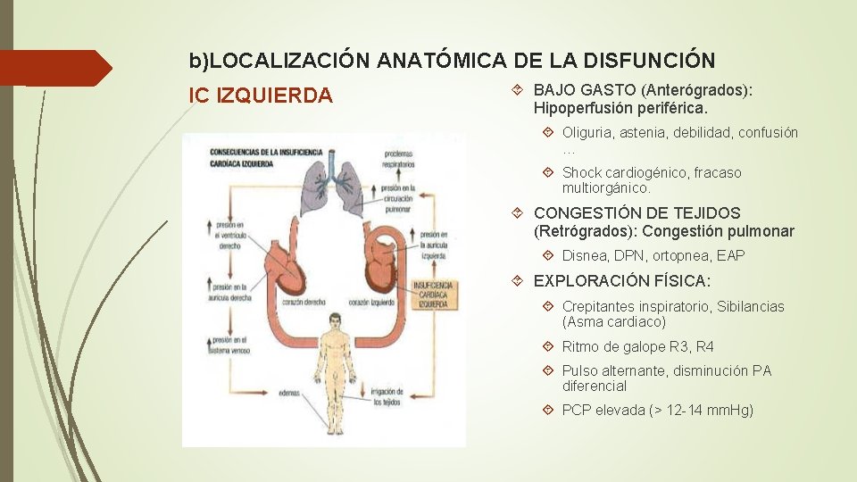 b)LOCALIZACIÓN ANATÓMICA DE LA DISFUNCIÓN IC IZQUIERDA BAJO GASTO (Anterógrados): Hipoperfusión periférica. Oliguria, astenia,