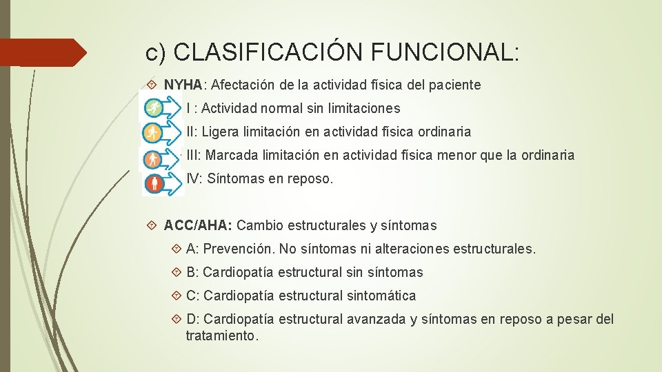 c) CLASIFICACIÓN FUNCIONAL: NYHA: Afectación de la actividad física del paciente I : Actividad