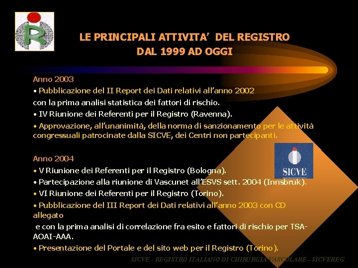 LE PRINCIPALI ATTIVITA’ DEL REGISTRO DAL 1999 AD OGGI Anno 2003 • Pubblicazione del