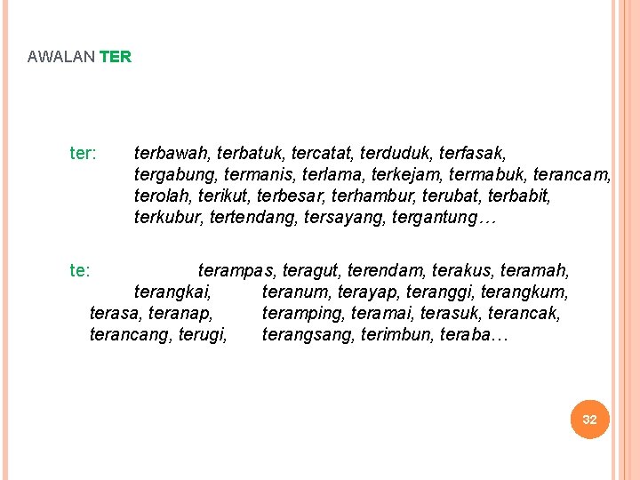 AWALAN TER ter: terbawah, terbatuk, tercatat, terduduk, terfasak, tergabung, termanis, terlama, terkejam, termabuk, terancam,