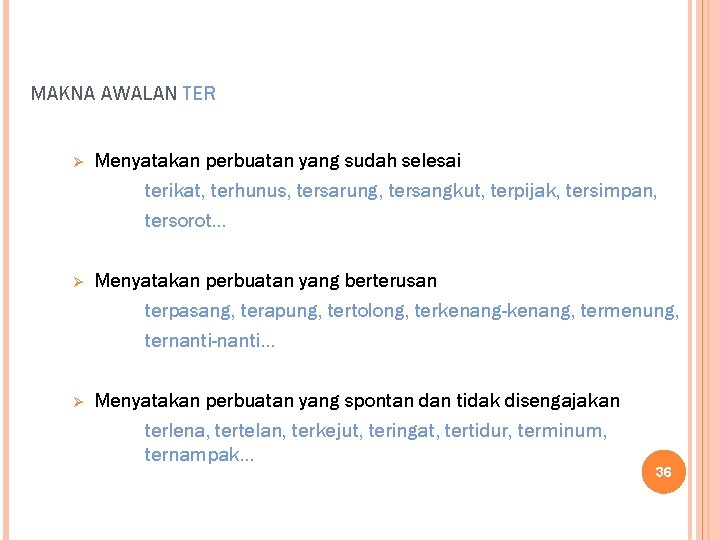 MAKNA AWALAN TER Ø Menyatakan perbuatan yang sudah selesai terikat, terhunus, tersarung, tersangkut, terpijak,