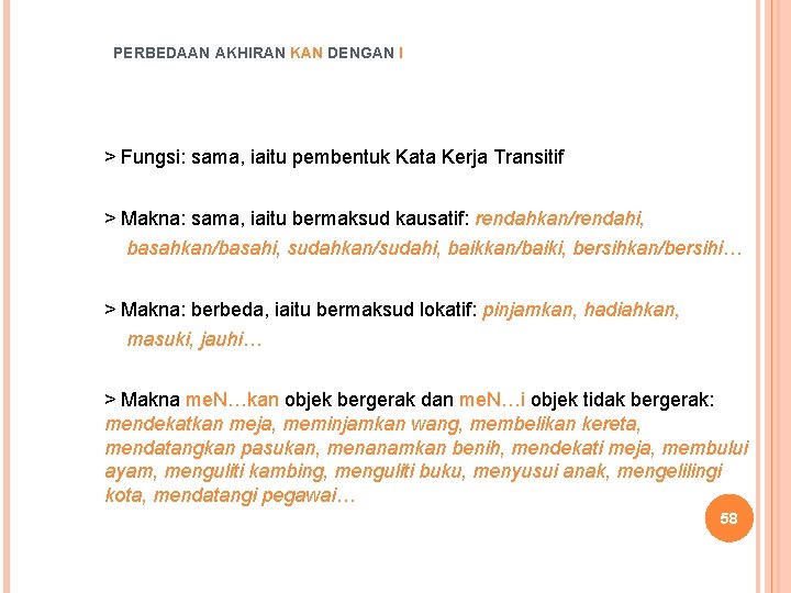 PERBEDAAN AKHIRAN KAN DENGAN I > Fungsi: sama, iaitu pembentuk Kata Kerja Transitif >