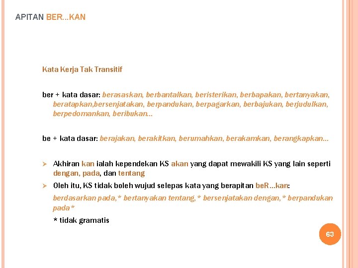 APITAN BER…KAN Kata Kerja Tak Transitif ber + kata dasar: berasaskan, berbantalkan, beristerikan, berbapakan,