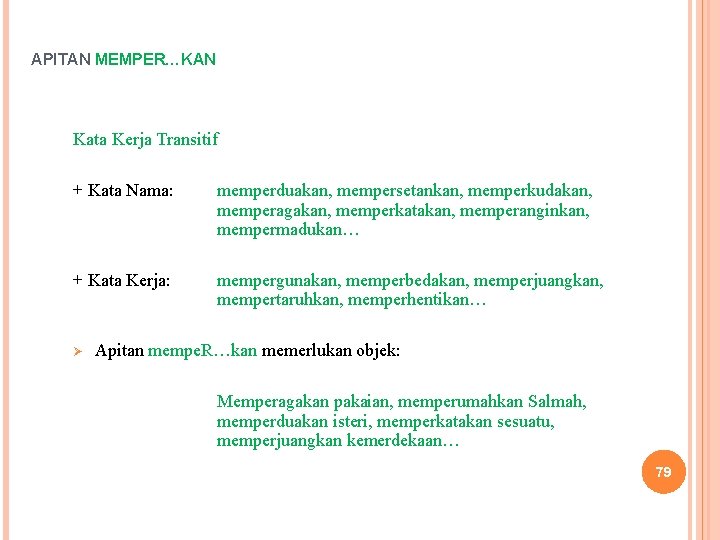 APITAN MEMPER…KAN Kata Kerja Transitif + Kata Nama: memperduakan, mempersetankan, memperkudakan, memperagakan, memperkatakan, memperanginkan,