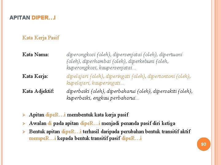 APITAN DIPER…I Kata Kerja Pasif Kata Nama: diperongkosi (oleh), dipersenjatai (oleh), dipertuani (oleh), diperhambai