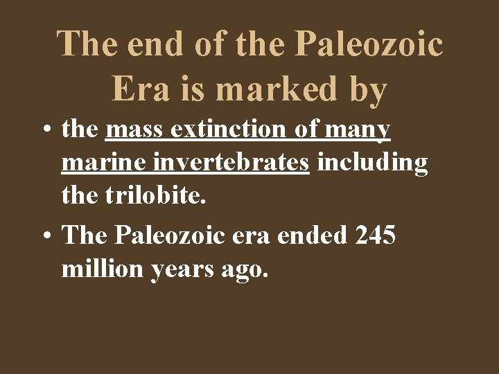 The end of the Paleozoic Era is marked by • the mass extinction of