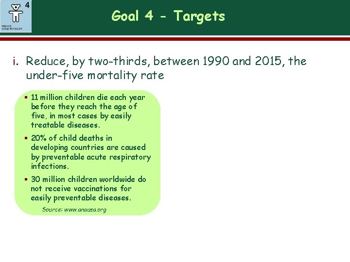 Goal 4 - Targets i. Reduce, by two-thirds, between 1990 and 2015, the under-five