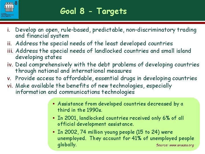 Goal 8 - Targets i. Develop an open, rule-based, predictable, non-discriminatory trading and financial