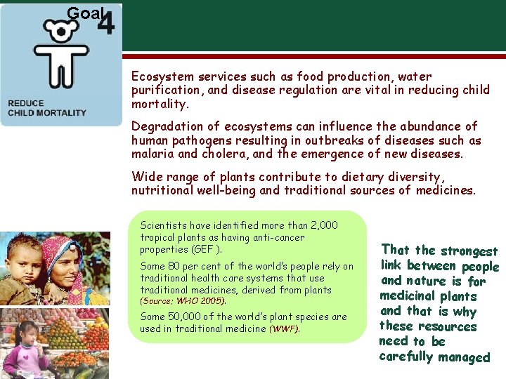 Goal Ecosystem services such as food production, water purification, and disease regulation are vital